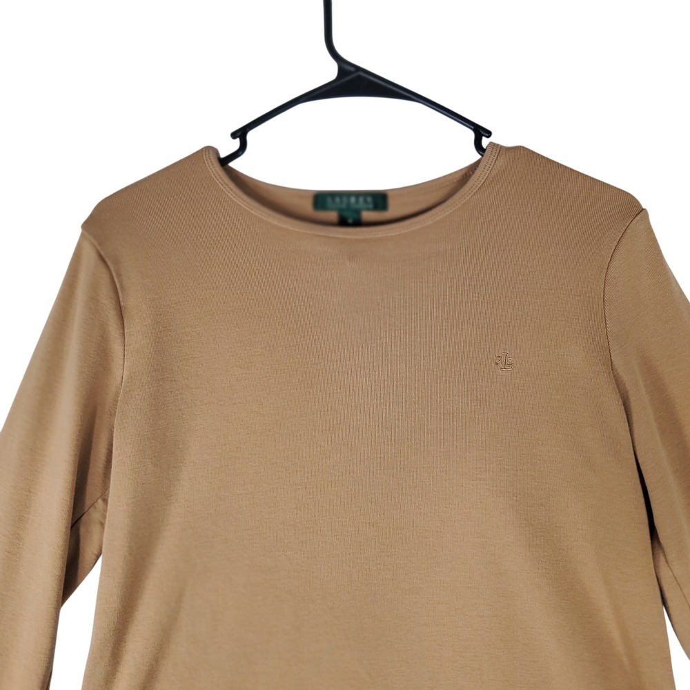 Lauren Ralph Lauren Tan Cotton Rib Knit Long Sleeve Crewneck Top Camel M